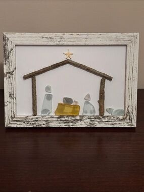 Handcrafted Sea Glass Nativity Scene Art – White Rustic Wood Frame